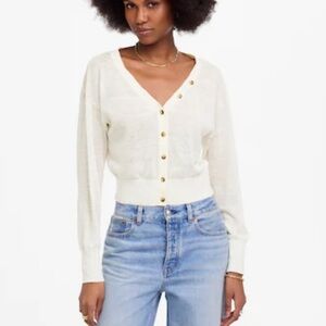 NEW MADEWELL Linen-Blend V-Neck Cardigan Cropped Sweater in Cream Size Medium